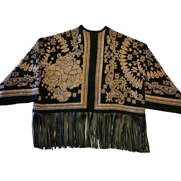 Chicos Fringe Ruana Wrap Sweater Coat Womens S/M Brown Black Floral Faux Leather - Picture 7 of 13